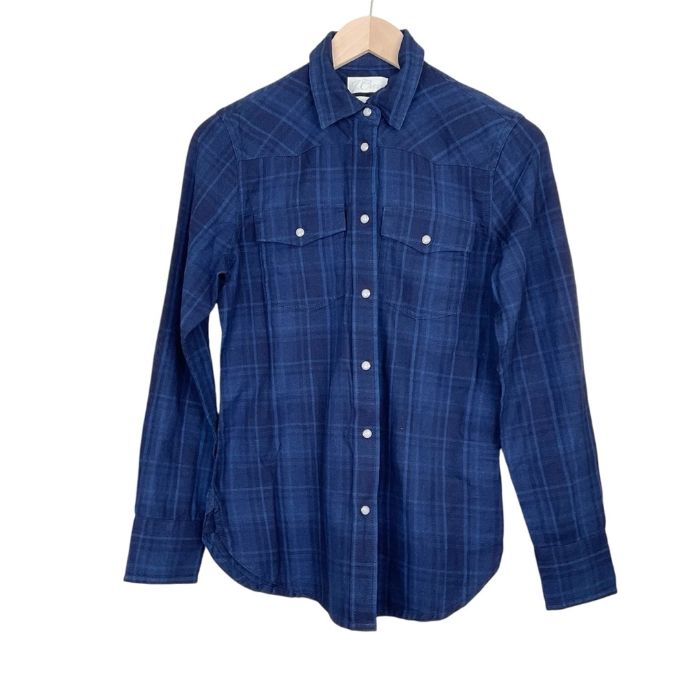 J. Crew Slim Fit Pearl Snap Shirt Indigo Plaid Size 0
